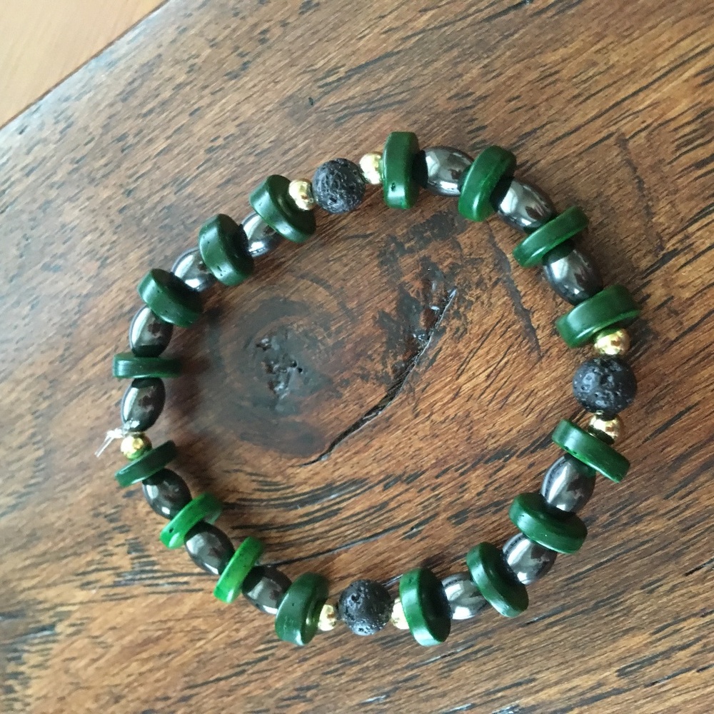 Essential Oil Bracelet Lava Beads Green, gold and hematite Handmade